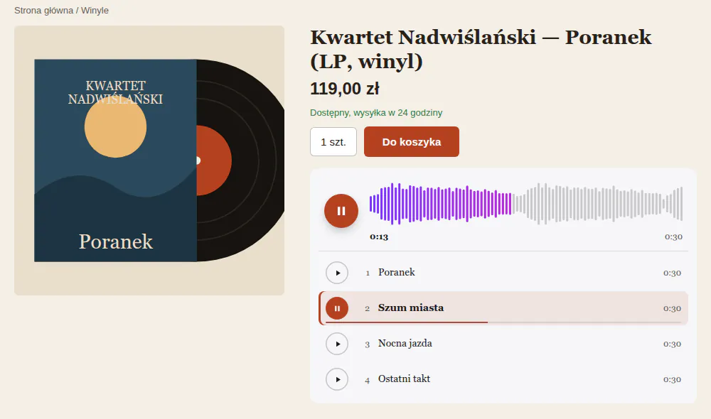 Karta płyty winylowej Kwartet Nadwiślański w sklepie Fonoteka Nadwiślańska: odtwarzacz z wykresem fali i listą czterech utworów, drugi utwór gra.