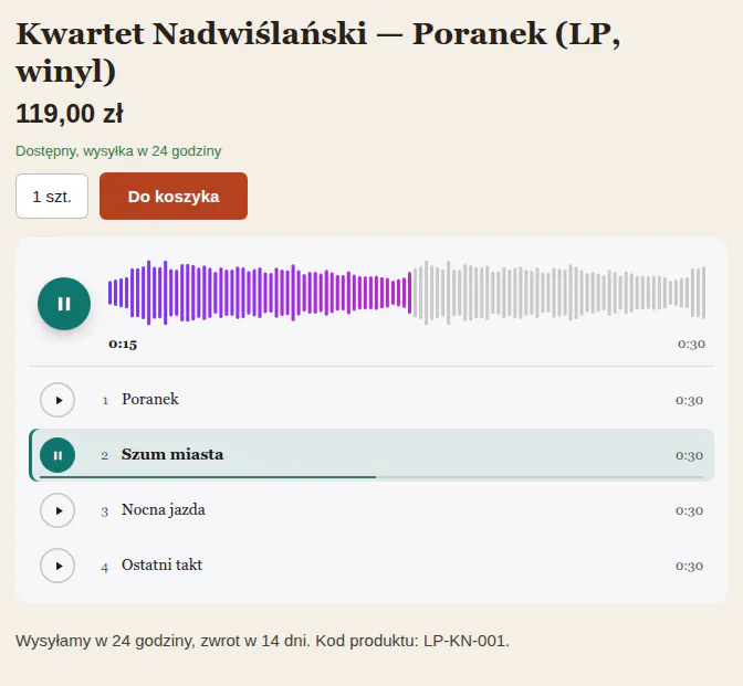 Odtwarzacz z akcentem w kolorze ciemnej zieleni: przycisk główny, wiersz aktywnego utworu i pasek postępu.