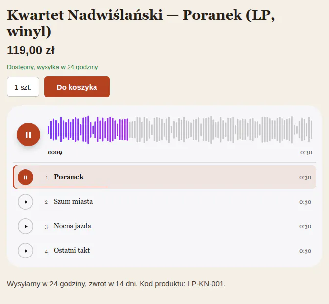 Odtwarzacz z mocno zaokrąglonymi narożnikami karty i wiersza utworu na karcie płyty.