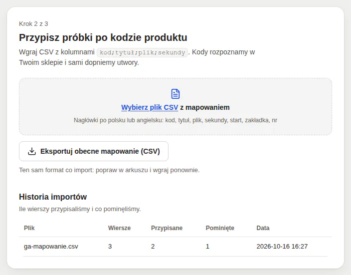 Panel, zakładka Produkty: wczytywanie pliku CSV, eksport mapowania i historia importów.
