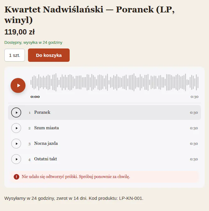 Odtwarzacz z komunikatem „Nie udało się odtworzyć próbki. Spróbuj ponownie za chwilę.” pod listą utworów.