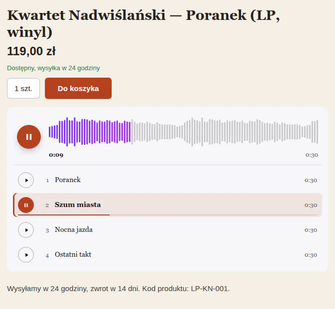 Odtwarzacz w sklepie z językiem angielskim: etykiety przycisków i czasy po angielsku, drugi utwór gra.