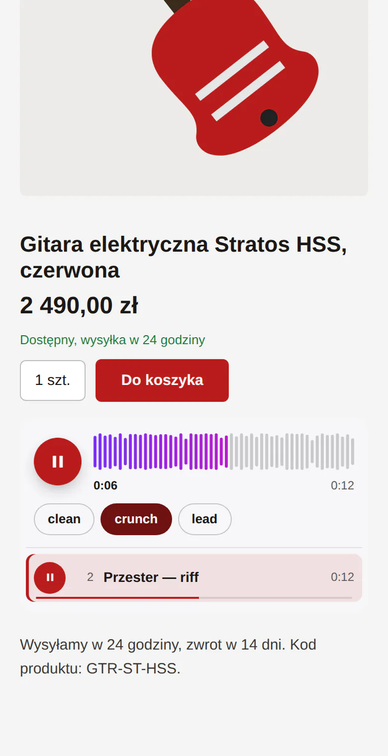 Telefon: karta gitary z odtwarzaczem, wybrana zakładka crunch gra.