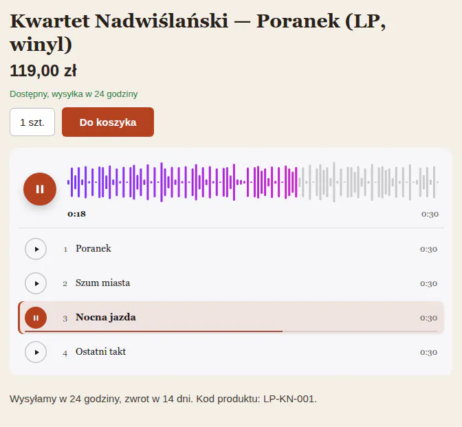 Playlista albumu: trzeci z czterech utworów gra, fala pokazuje postęp.