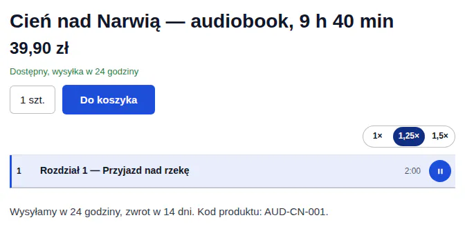 Audiobook z fragmentem rozdziału i przyciskami prędkości, wybrane 1,25×.