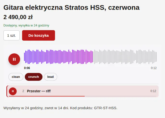Gitara elektryczna z zakładkami clean, crunch i lead, wybrana zakładka crunch gra.