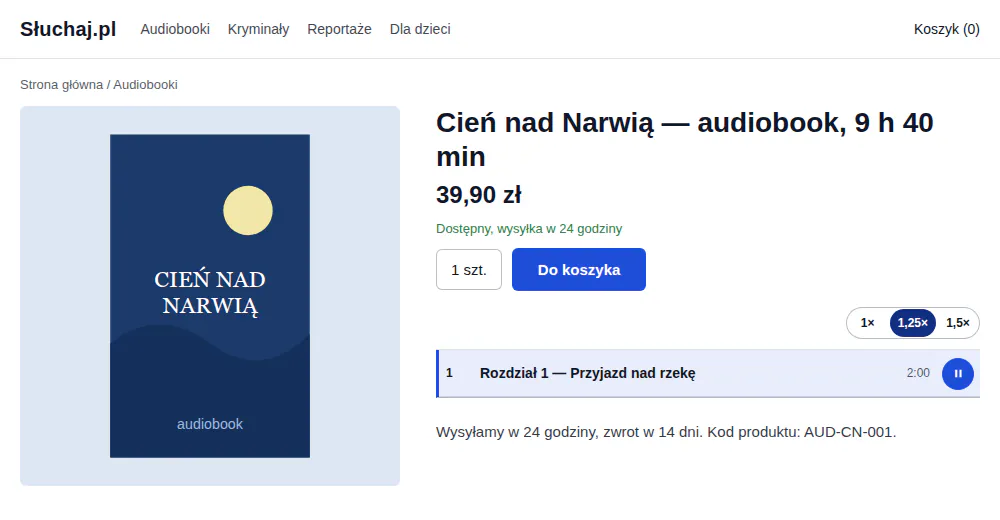 Karta audiobooka Cień nad Narwią w szablonie RWD: lista z jednym rozdziałem i przyciskami prędkości, wybrane 1,25×.