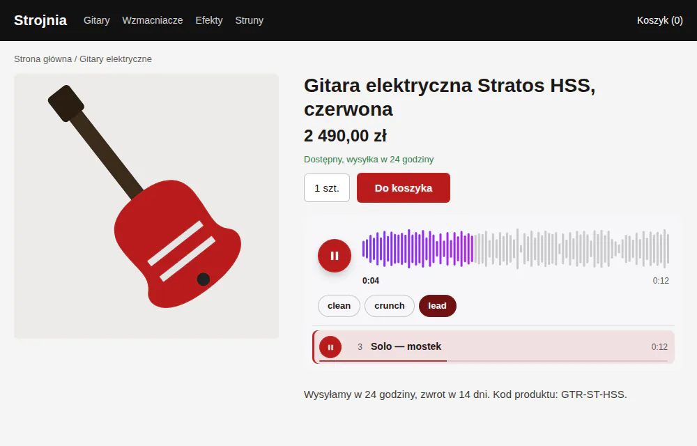 Karta gitary elektrycznej Stratos HSS: odtwarzacz z zakładkami clean, crunch i lead, zakładka lead gra.