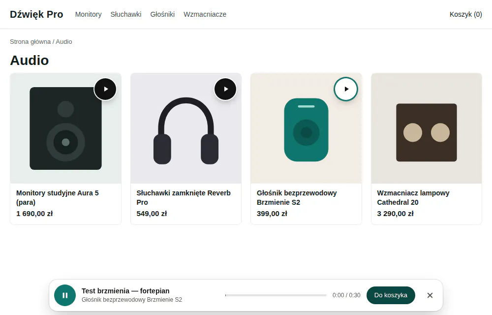 Lista audio w sklepie Dźwięk Pro: trzy kafelki z przyciskiem odtwarzania, głośnik Brzmienie S2 gra w pasku na dole ekranu.