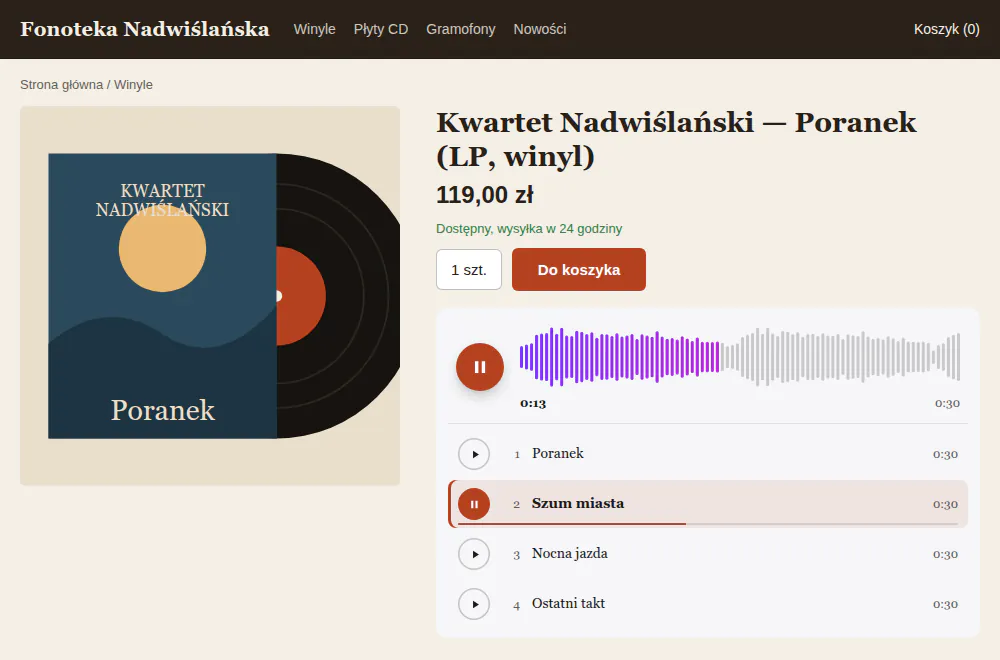 Sklep z płytami winylowymi: karta albumu Kwartet Nadwiślański z odtwarzaczem, drugi utwór gra, fala pokazuje postęp.