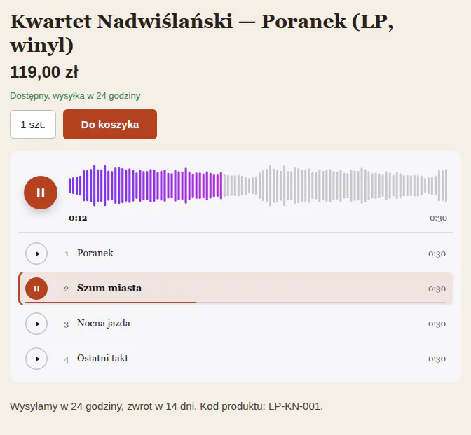 Preset A na karcie płyty winylowej: duży przycisk, wykres fali z odegraną częścią i cztery wiersze utworów, drugi gra.