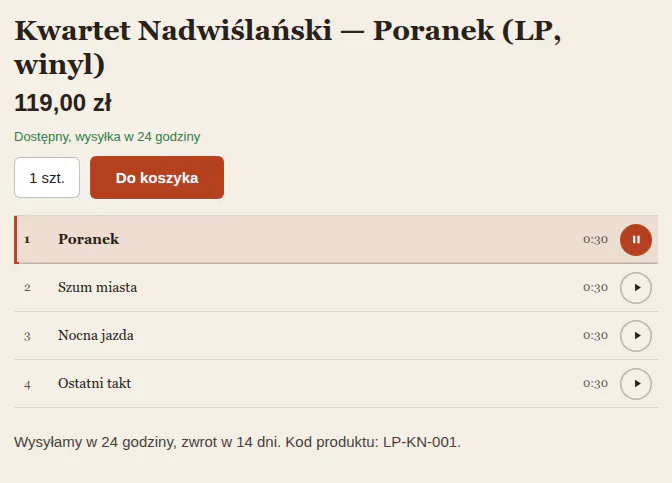 Preset B na karcie płyty: lista czterech utworów z numerami, czasami i przyciskami odtwarzania po prawej, pierwszy gra.