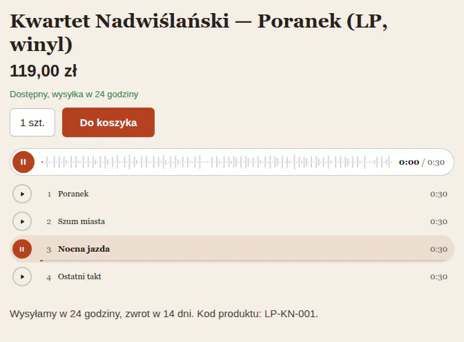 Preset C na karcie płyty: niska pigułka z przyciskiem i miniaturą fali, pod nią drobna lista utworów, trzeci gra.